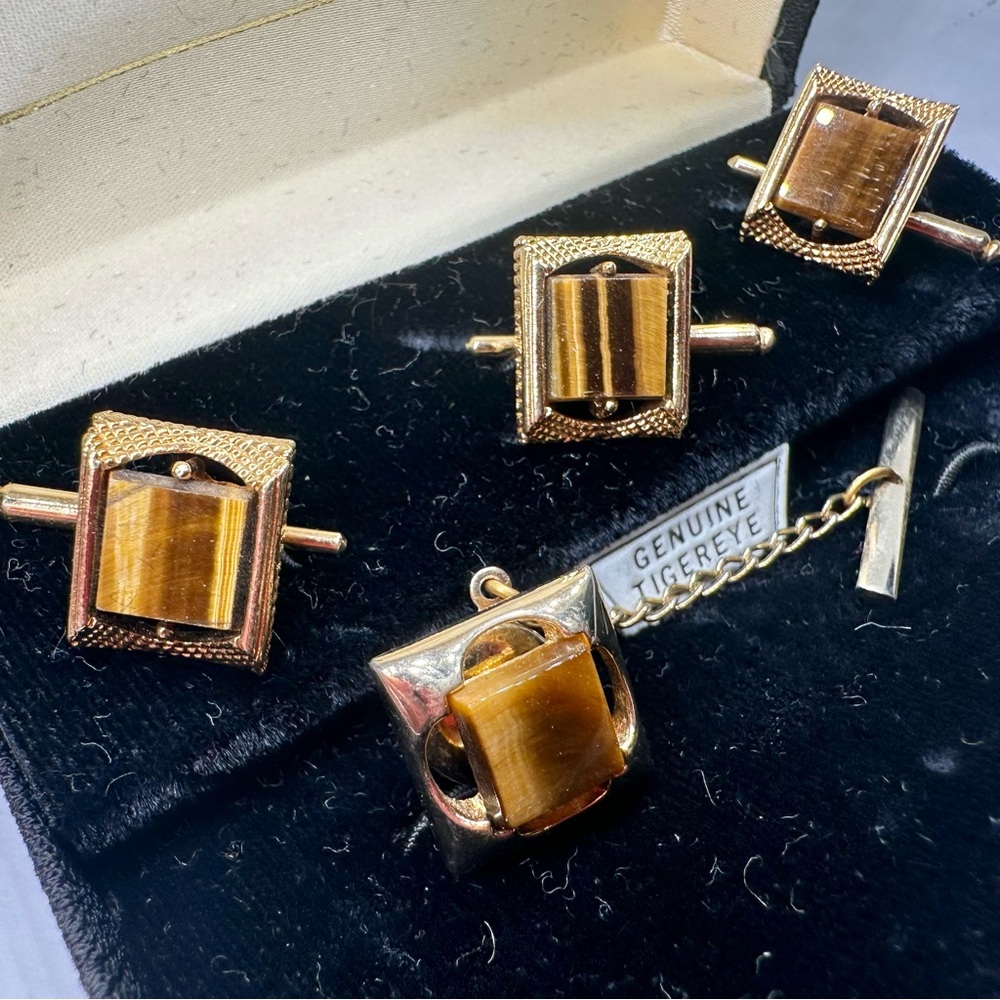 Swank Genuine Tiger’s Eye Cufflinks Tie Pin Set Vintage Estate Gold Box Tie Clip